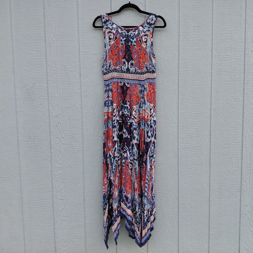 Bila Asymmetric Hanky Hem Maxi Dress Med Red White & Blue Lace Trim - Picture 2 of 13